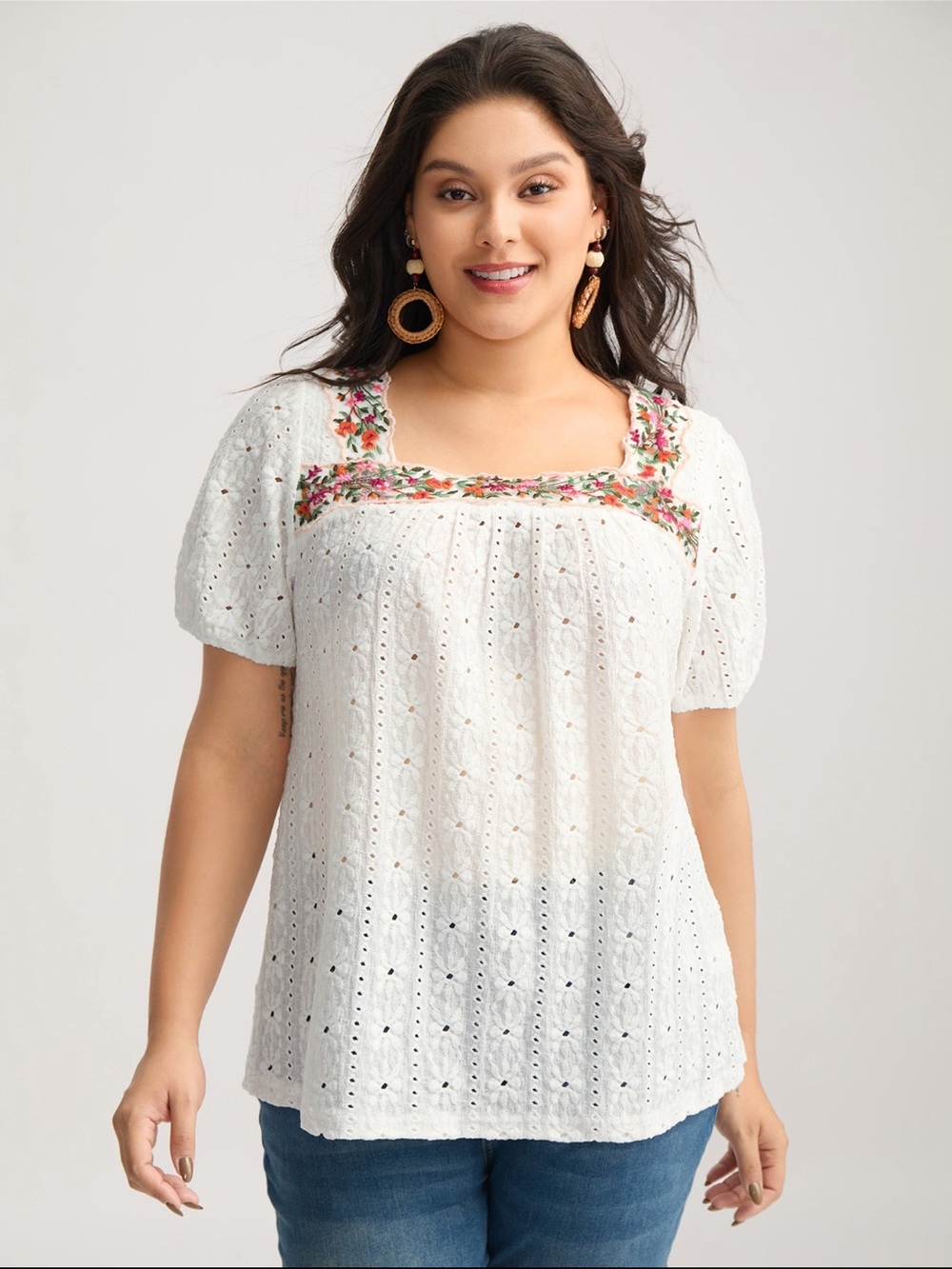 BloomChic White Eyelet Peasant Top with Multicolor Floral Embroidery